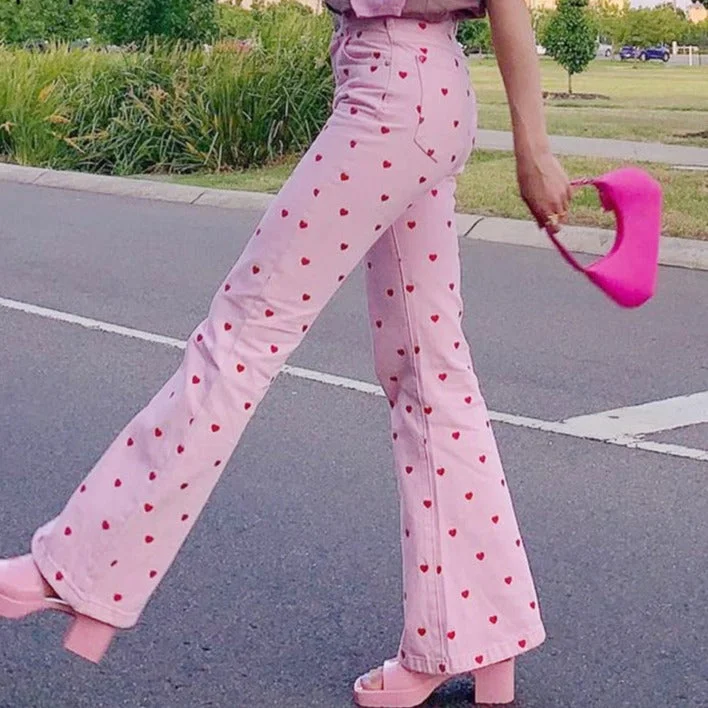 Weekend Offers That Sizzle CityHottie - Y2K Pink Pants Heart Printed Sweet Trousers Vintage Aesthetic Party Pants Pockets Joggers Festival Outfits Women New