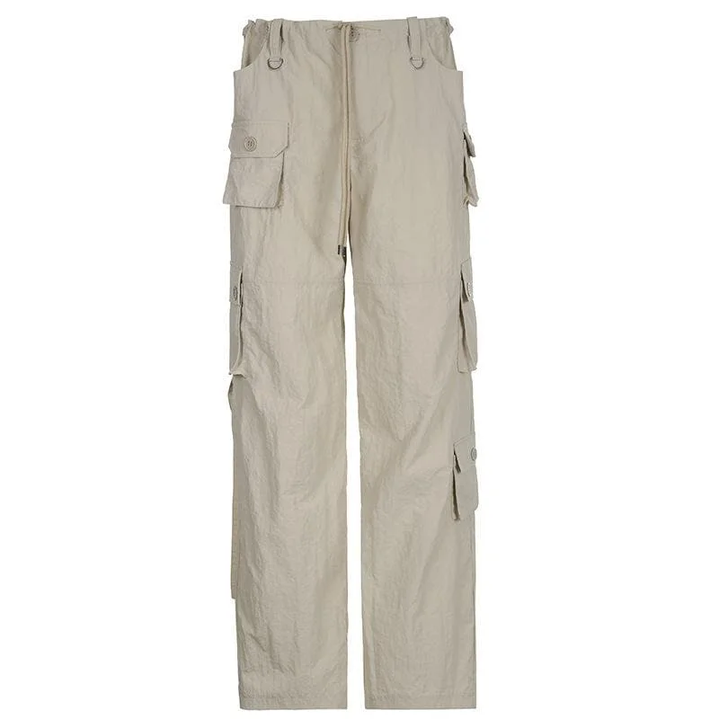 Savings Galore Cargo pocket drawstring solid button adjustable waist wide leg pant