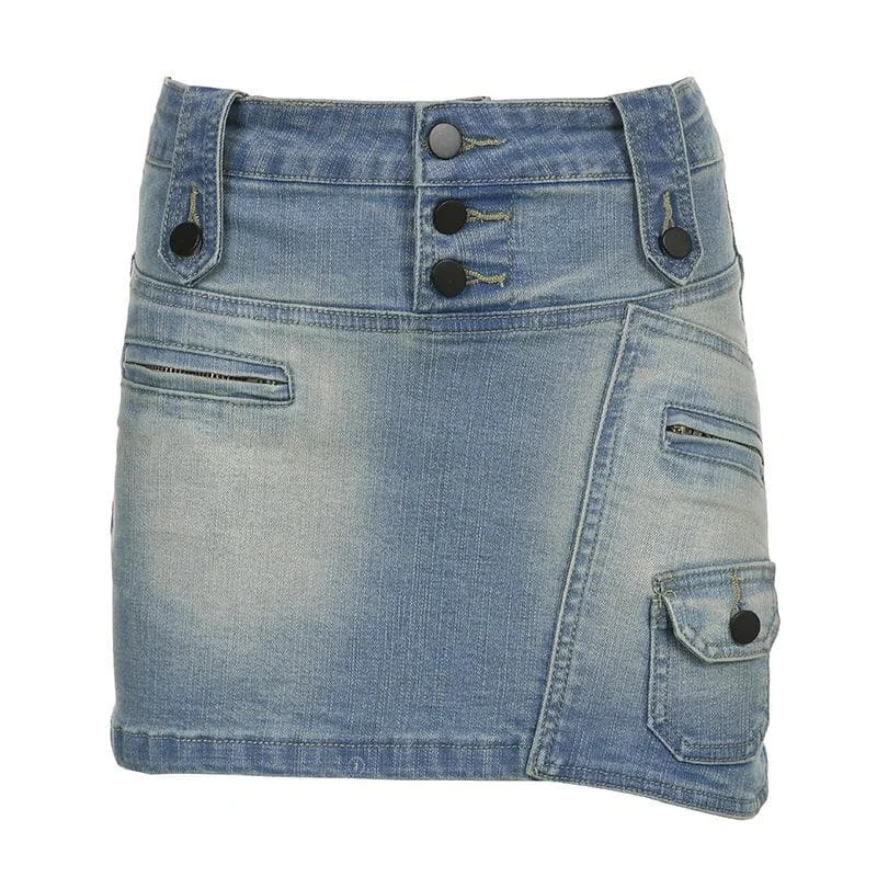 New Deal Irregular gradient button zip-up cargo pocket denim mini skirt