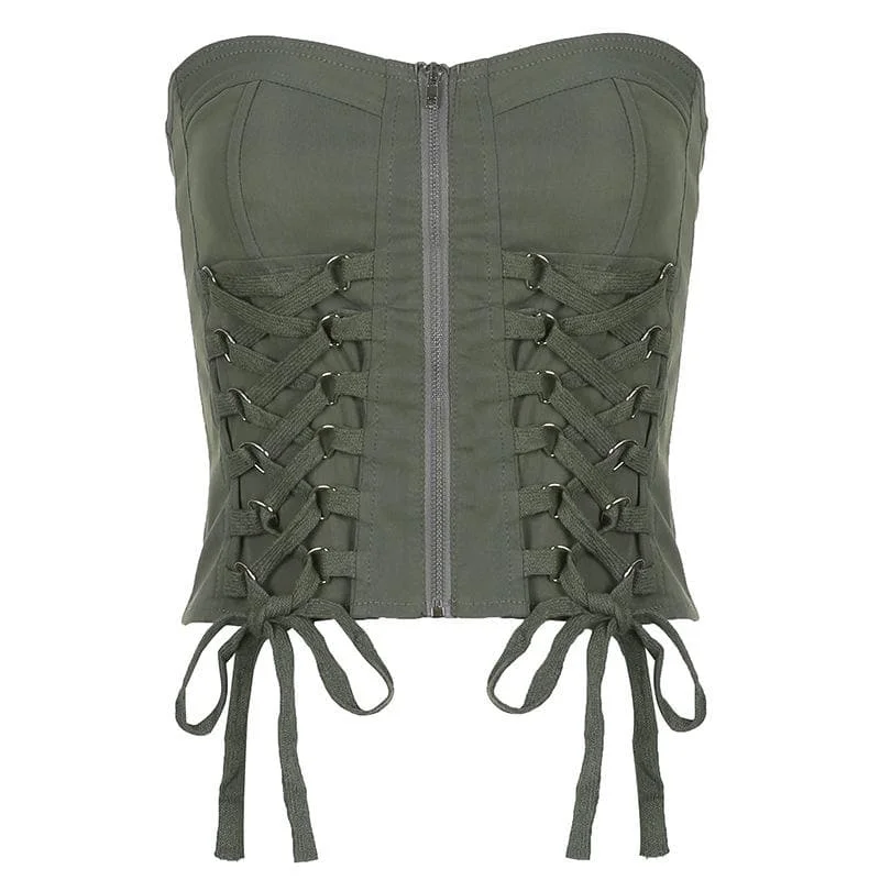 Half Price Solid lace up zip-up cargo tube crop top