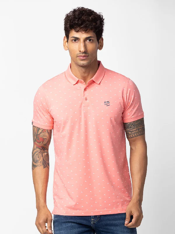 New Deal Spykar Men Peach Pink Cotton Regular Fit Half Sleeve Printed Polo T-Shirt
