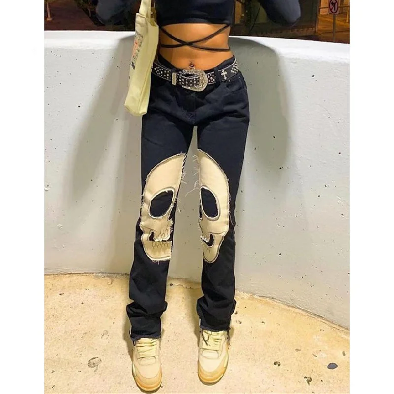 Weekend Specials to Snag CityHottie - Womens Fashion Skull Patterned Low Rise Jeans Streetwear Women Clothing Black Denim Trousers Cyber Y2k Aesthetic Goth Pants C82-DI53
