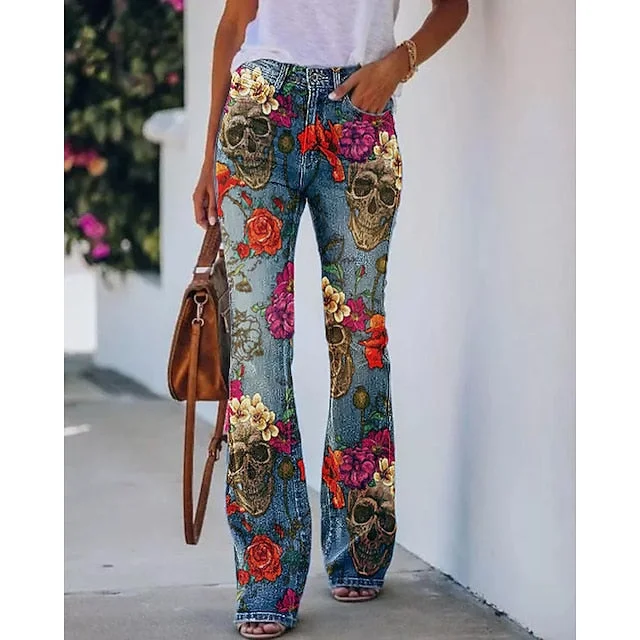 Deal of the Day CityHottie - Women's Flared Pants Bell Bottom Pants Trousers Faux Denim Blue Red & White Purple Fashion Halloween Weekend Side Pockets Print Micro-elastic Full Length Comfort Skull S M L XL XXL