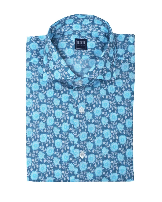 Extra Discounts Blue and White Multi Floral Dress Shirt