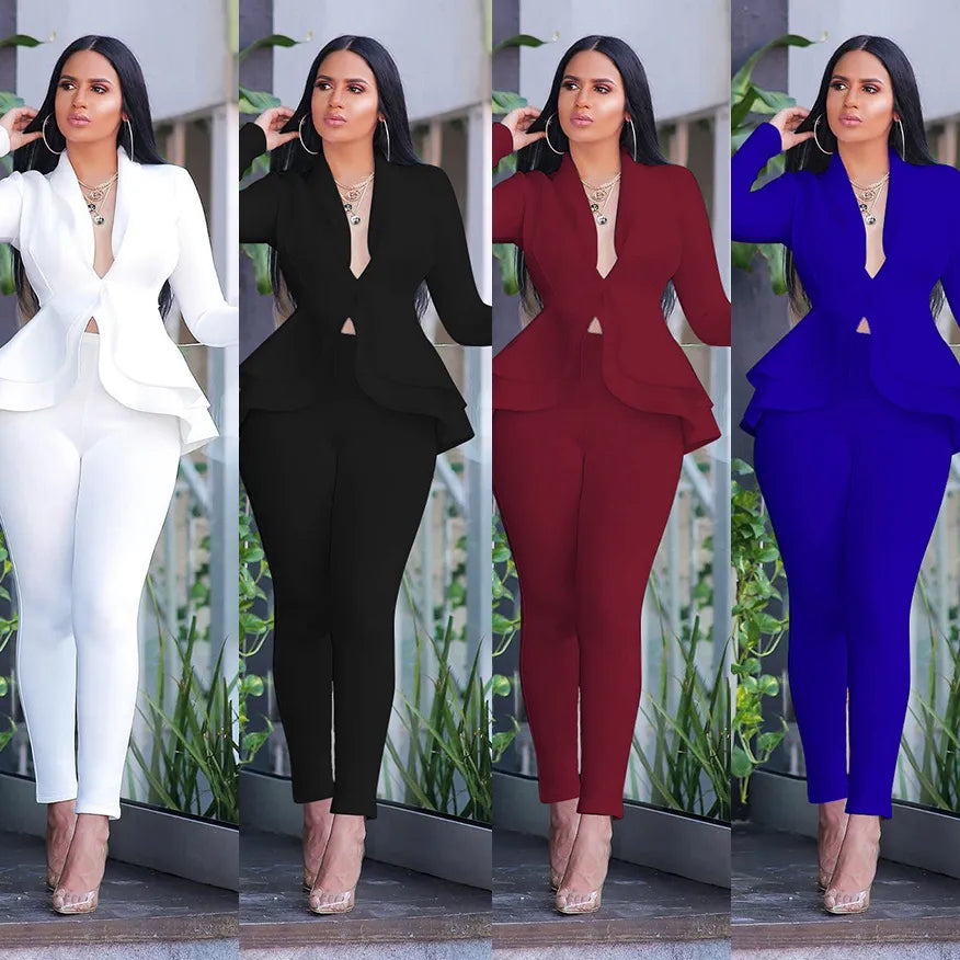 Great Deal New Women Winter Women's Set Tracksuit Full Sleeve Ruffles Blazers Pencil Pants Suit Two Piece Set Office Lady Outfits Uniform
