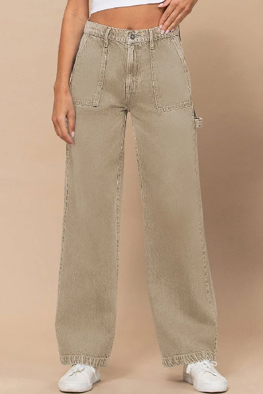 Weekend Offers That Amaze Khaki High Waist Flap Pocket Wide-Leg Jeans