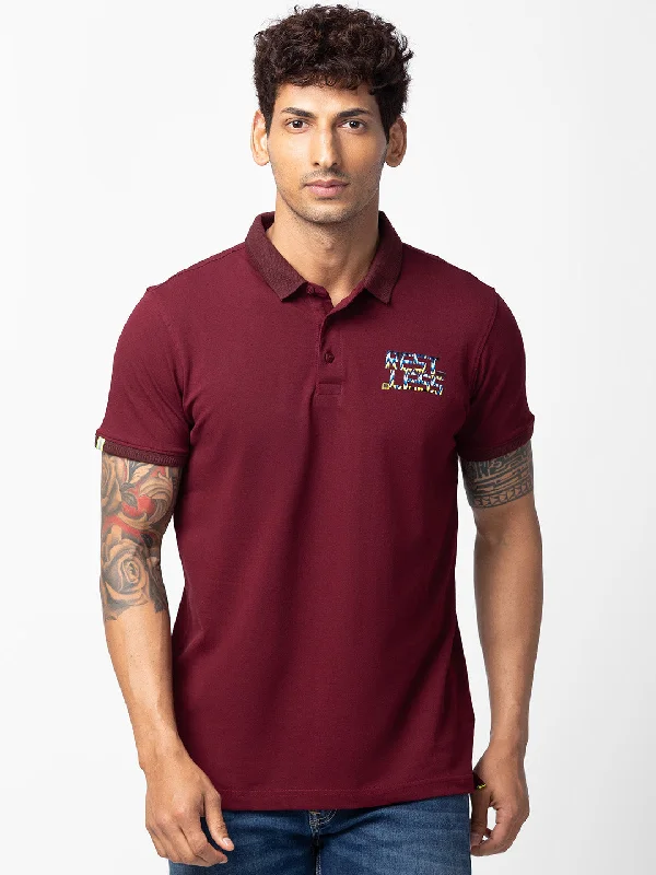 New Arrival Spykar Men Wine Cotton Regular Fit Half Sleeve Plain Polo T-Shirt