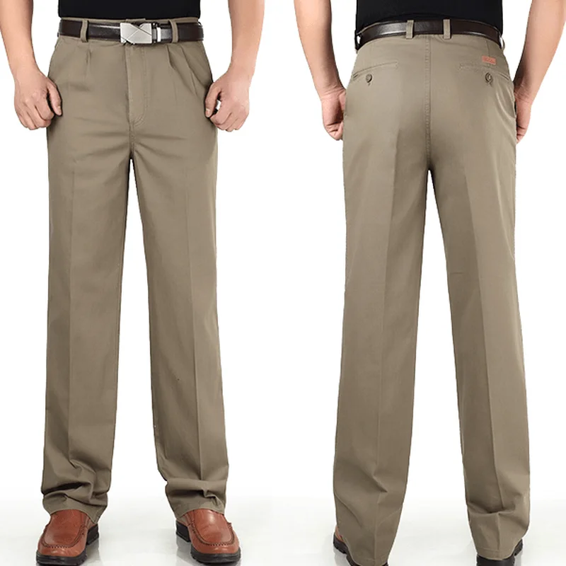 Stock Up Mens Loose Thin Cotton Work Straight Leg Pants Breathable Wash-And-Wear Casual Slacks