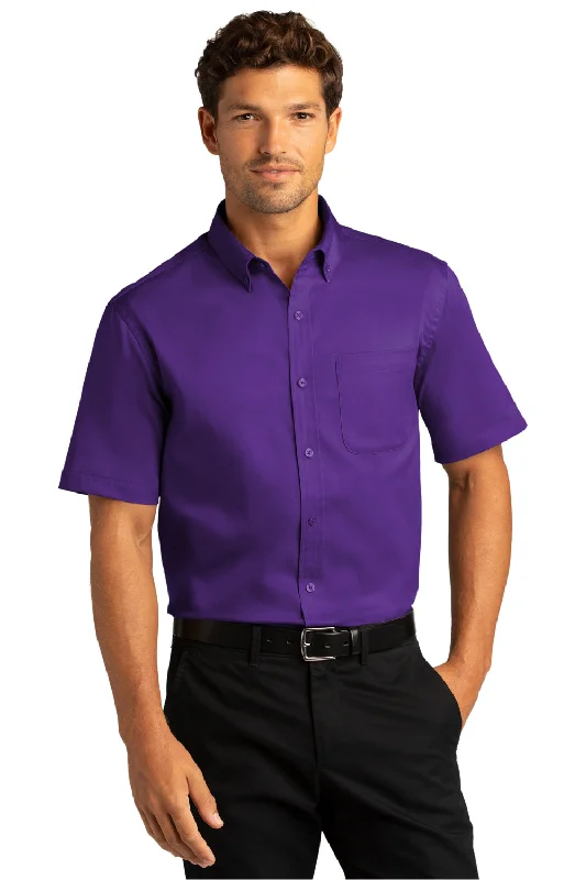 Online Deal Port Authority Mens SuperPro Wrinkle Resistant React Short Sleeve Button Down Shirt w/ Pocket - Purple