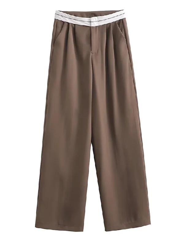 Weekend Discounts Worth Grabbing CityHottie - 2024 Women Fashion Side Pockets Patchwork Straight Pants Vintage High Waist Zipper Fly Female Casual Trousers Mujer