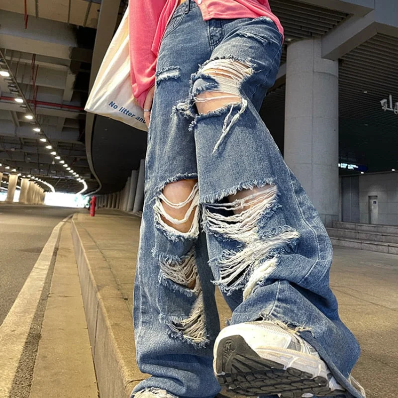 Value Pack CityHottie - Spring And Autumn women's ripped jeans high waist loose straight pants wide leg pants women's jeans Y2K high street jeans