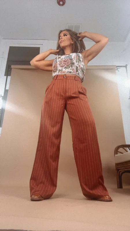 Weekend Shopping Bliss Go Getter Pin Stripe Pleated Pant, Rust