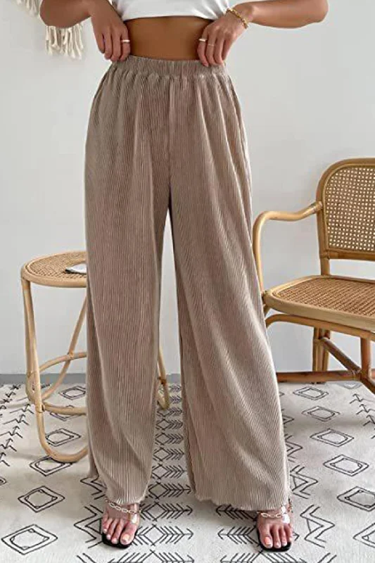 Reduced Price Casual Solid Color Elastic Waist Wide Leg Long Pants