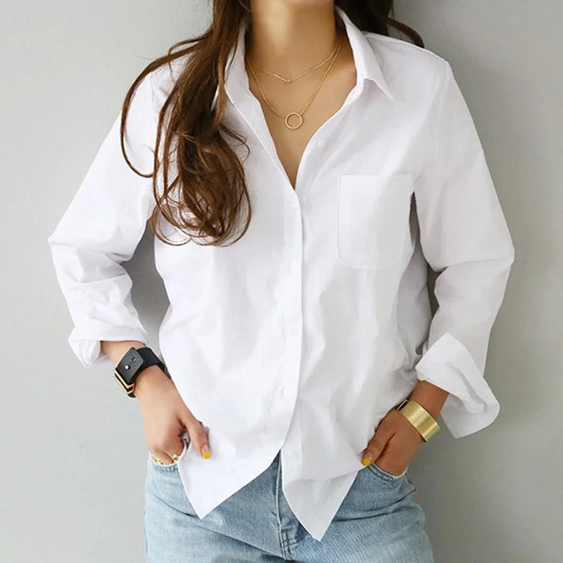 Don’t Miss Out 2019 Spring One Pocket Women White Shirt Female Blouse Tops Long Sleeve Casual Turn-down Collar OL Style Women Loose Blouses