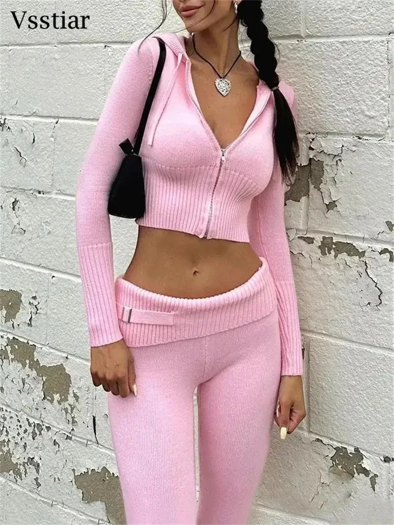 Super Deal Vsstiar Women Casual Two Piece Set Long Sleeve Zip Up Hooded Crop Top High Waist Knitted Pants Fashion Solid Slim Matching Suits