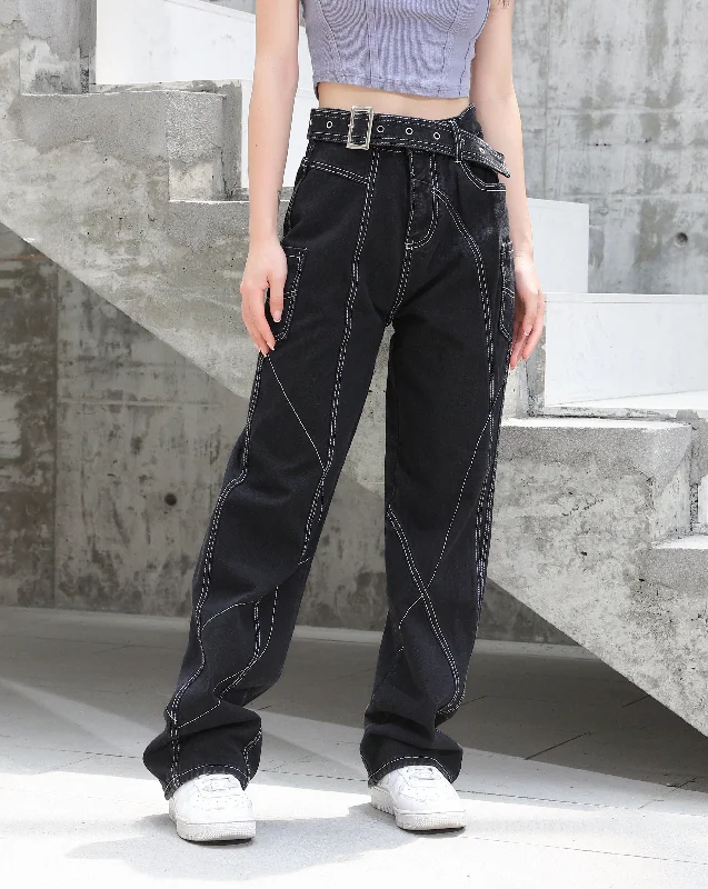 Super Deal Baggy Belted Jeans with Contrast Detailed Stitching