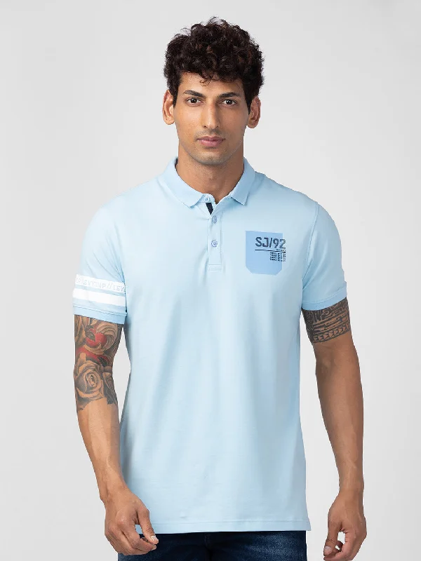 While Supplies Last Spykar Men Powder Blue Cotton Regular Fit Half Sleeve Plain Polo T-Shirt