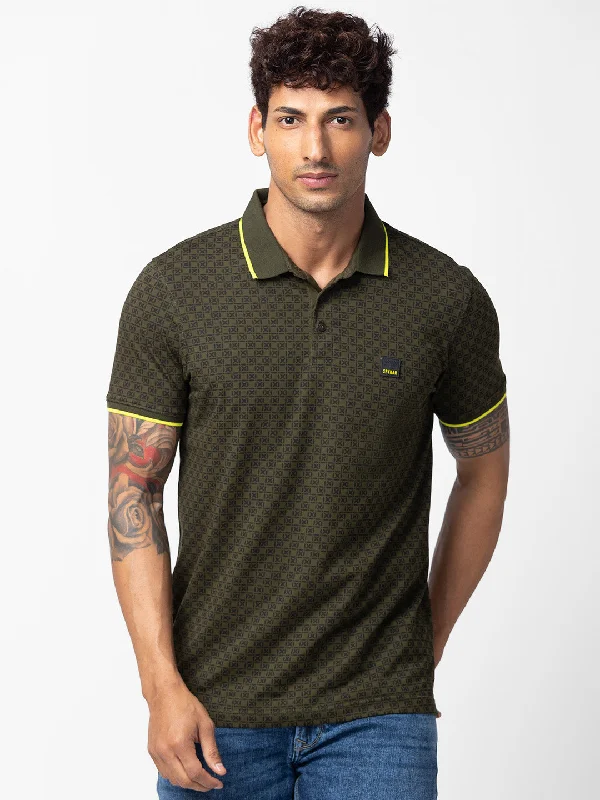 Early Access Spykar Men Rifle Green Cotton Regular Fit Half Sleeve Printed Polo T-Shirt