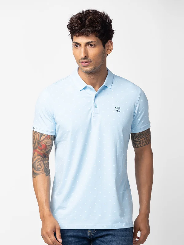 Deal of the Day Spykar Men Powder Blue Cotton Regular Fit Half Sleeve Printed Polo T-Shirt