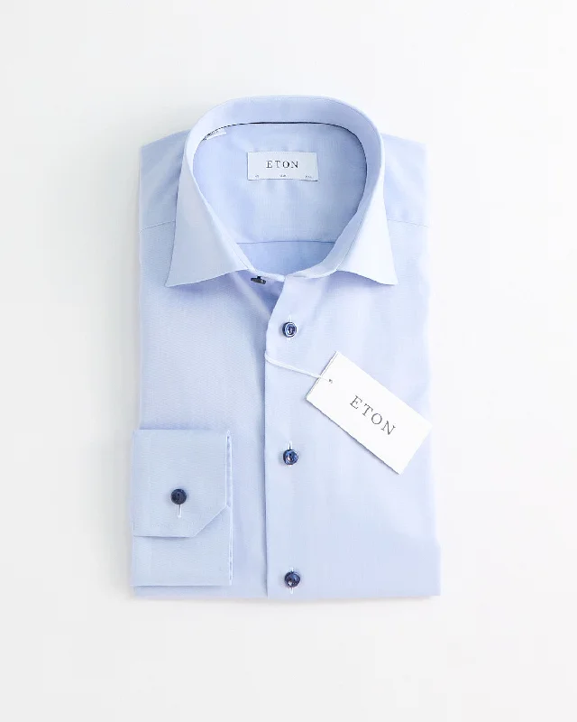 Super Deal Signature Twill Light Blue Slim Shirt With Navy Button