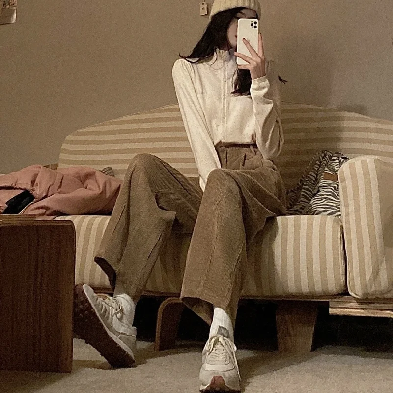 Now or Never CityHottie - Ins Popular Corduroy Casual Pants Women Solid Tender Retro Wide Leg Trousers High Waist Harajuku Teenager Slouchy Simple Classic