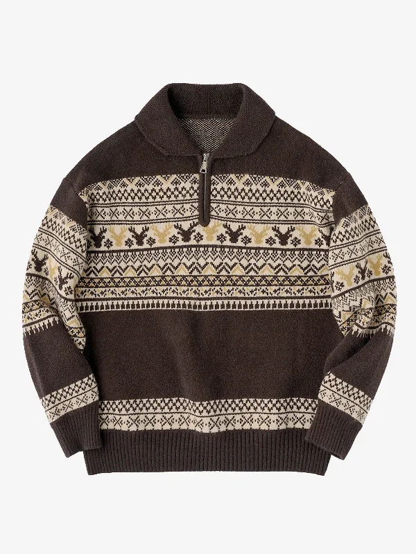 Limited Time Fair Isle Pattern Jacquard Woven Half-Zip Sweater