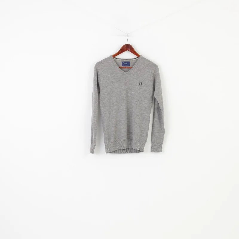 Price Cut Fred Perry Men S Jumper Wool Grey V Neck Logo Classic Top