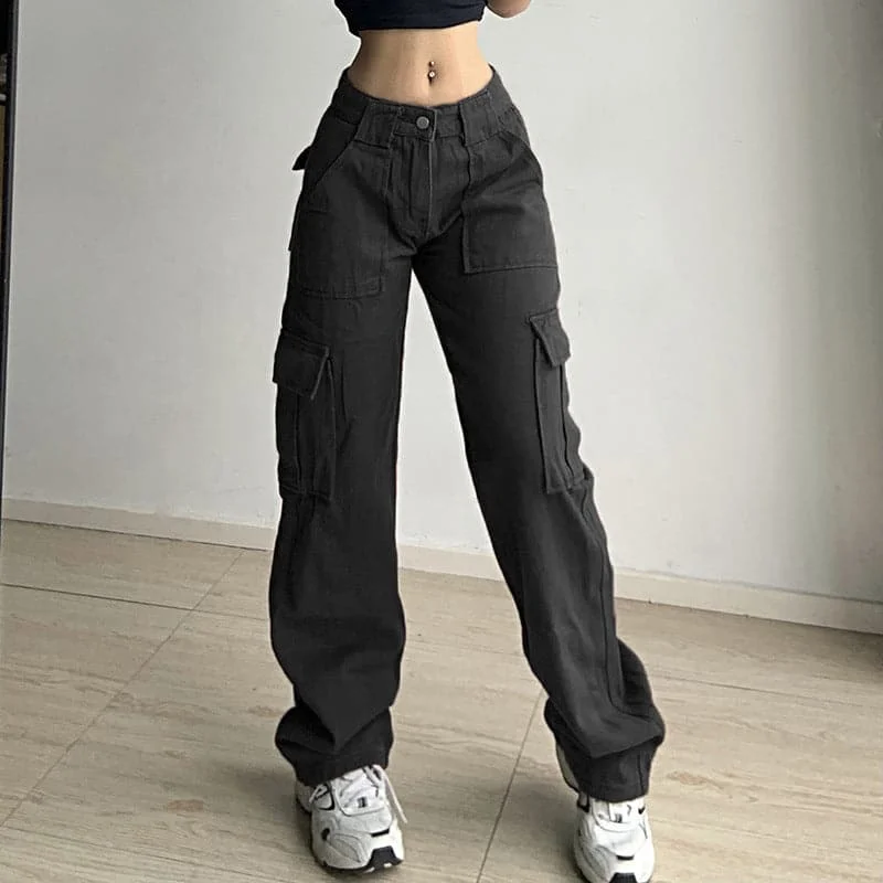 Weekend Bargains to Cherish Solid cargo pocket low rise straight leg baggy jeans - Final Sale