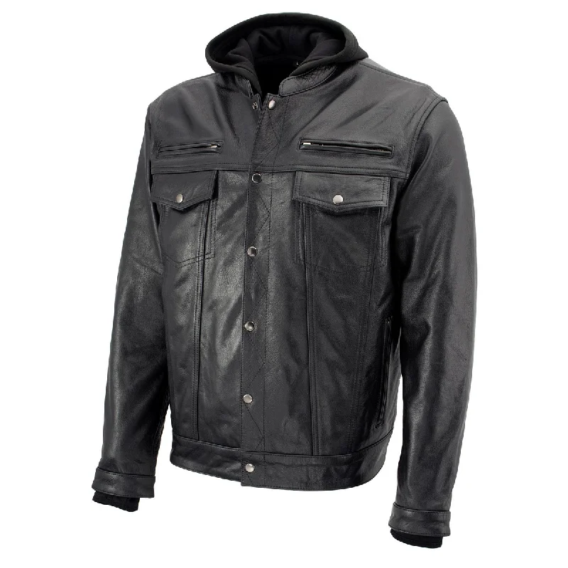 Weekend Steals Await Xelement XS1025 Men’s 'Cross Rake' Black Snap Front Leather Shirt Jacket with Removable Hoodie