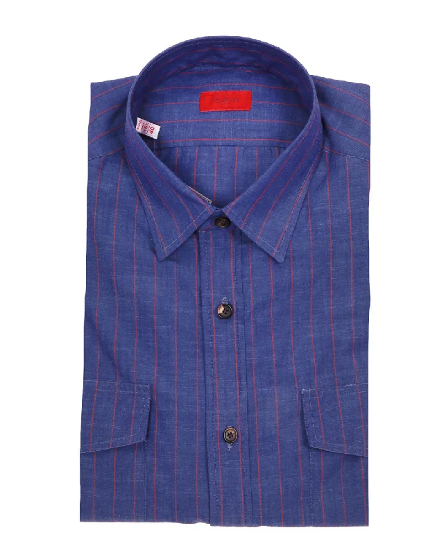 Don't Wait Navy Blue and Red Striped Dress Shirt