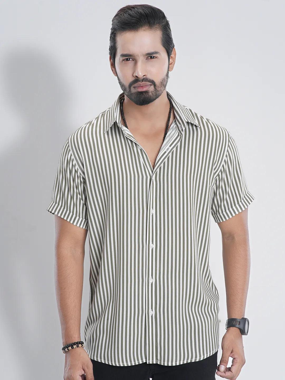 Lowest Rates Men's Short Sleeve Casual Shirt in Stripe Crocodle Olive