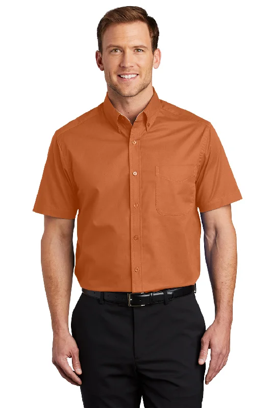 Instant Savings Port Authority Mens Easy Care Wrinkle Resistant Short Sleeve Button Down Shirt w/ Pocket - Texas Orange - Closeout
