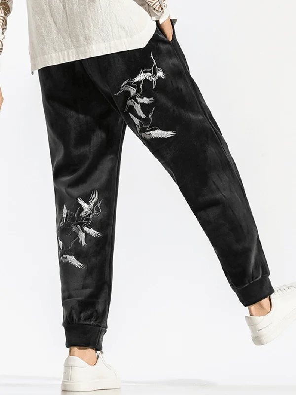 Weekend Deals to Make You Happy Men'S Casual Chinese Style Fashion Crane Embroidery plus Velvet Thick Warm Loose Pants