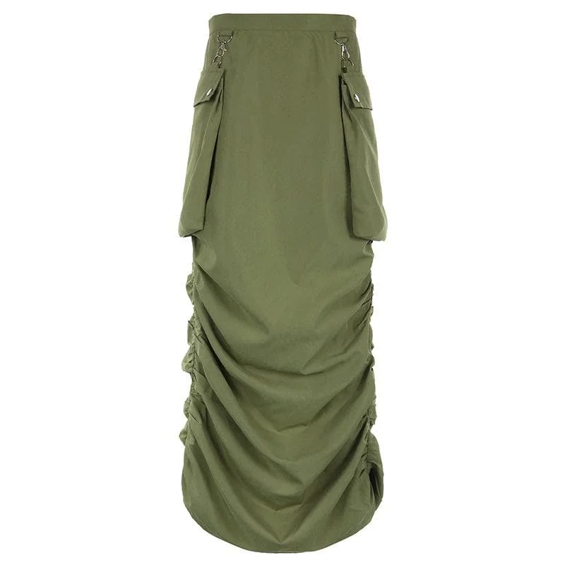 Weekend Offers That Dazzle Ruched solid button cargo pocket zip-up midi skirt
