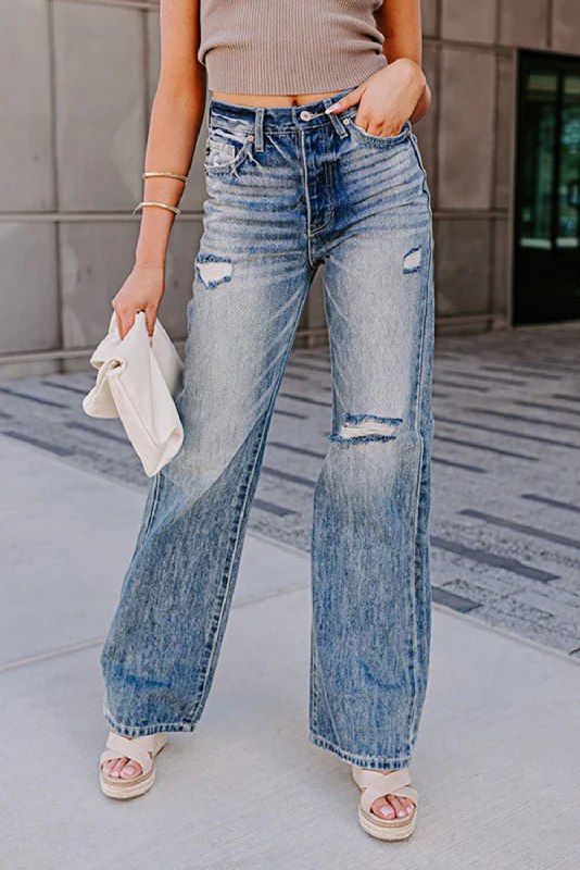 Weekend Deals That Dazzle Blue High Waist Distressed Straight Leg Washed Jeans