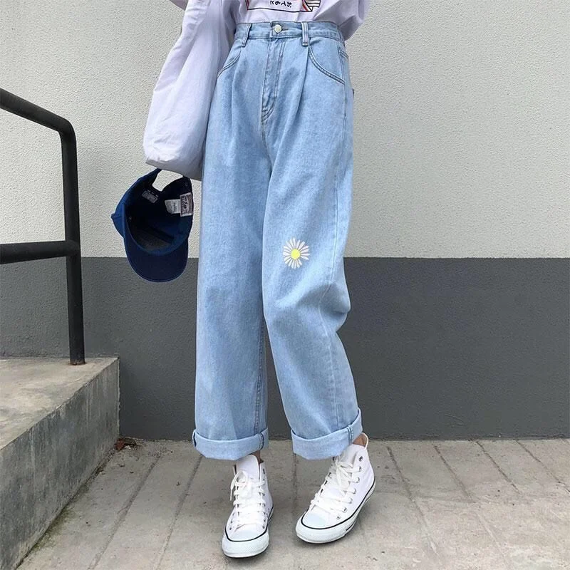 Weekend Savings Galore CityHottie - Korean Loose Daisy Jeans Women Fashion New High Waist Straight Denim Pants Maxi Wide-leg Cropped Trousers Female S-5XL
