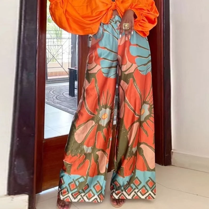 While Supplies Last CityHottie - Women 2024 Casual Beach Long Pants New Printed Fashion Wide Leg Pants Lady Leisure Home Relaxed Flower Loose High Waist Trousers