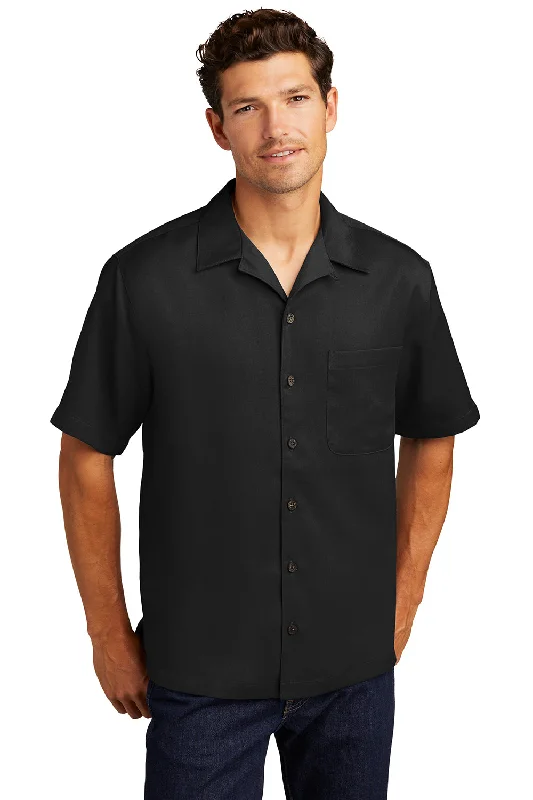 Limited Supply Port Authority Mens Easy Care Stain Resistant Short Sleeve Button Down Camp Shirt w/ Pocket - Black