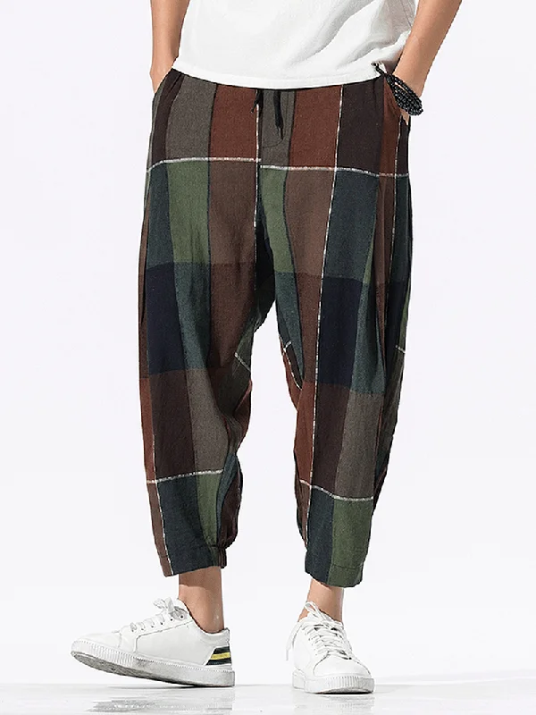 Weekend Savings Spectacular Mens 100% Cotton Plaid Drawstring Elastic Leg Casual Pants with Pocket