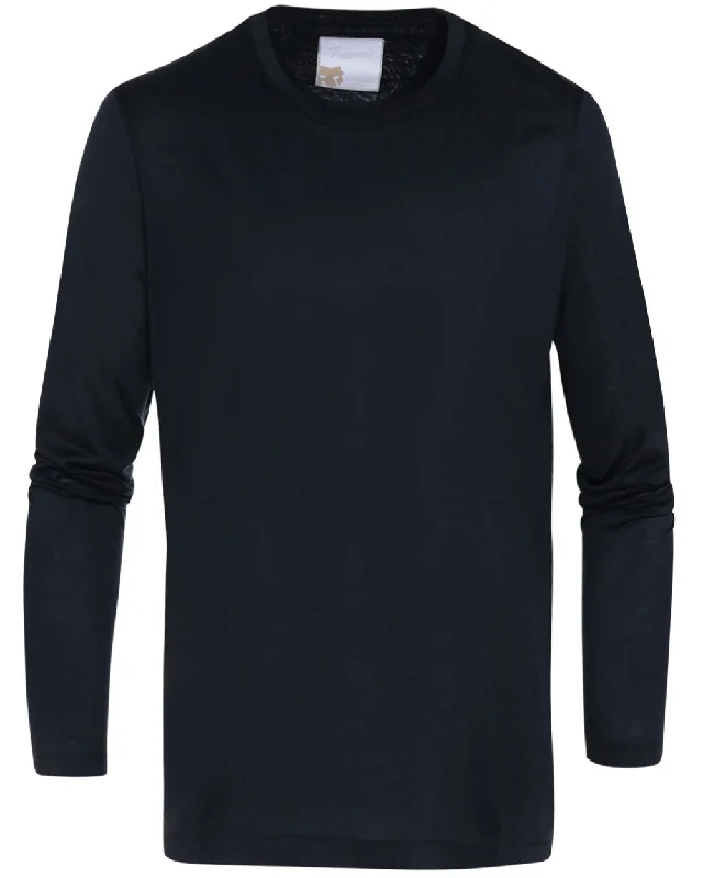 Weekend Offers That Shine Navy Jersey Silk Blend Long Sleeve T-Shirt