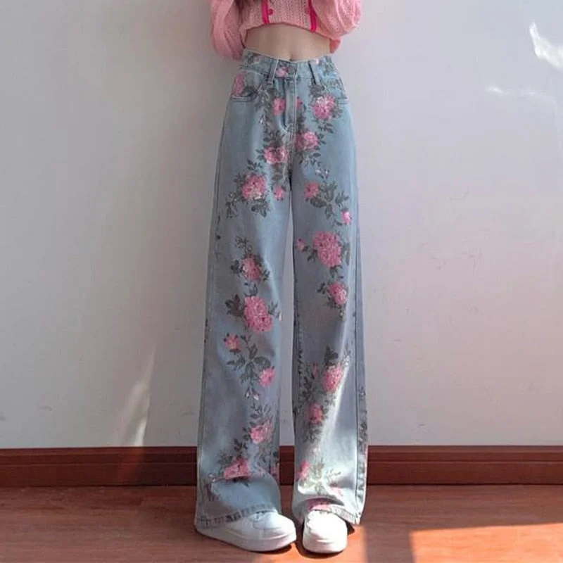 Weekend Steals Await CityHottie - High Waist Flower Pattern Wide Leg Jeans Pants