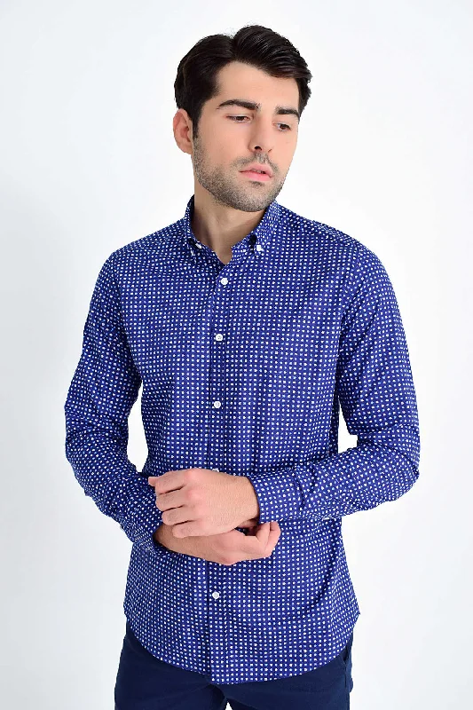 Weekend Discounts to Delight Slim Fit Long Sleeve Cotton Floral Grid Navy Casual Shirt
