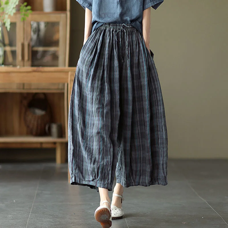 Shop the Weekend Away CityHottie - 2024 Summer New Plaid Printing Oversize Lantern Pants Women Elastic Waist Pockets Cotton Hemp Contrast Color Wide Leg Trousers Shop the Weekend Away CityHottie - 2024 Summer New Plaid Printing Oversize Lantern Pants Women Elastic Waist Pockets Cotton Hemp Contrast Color Wide Leg Trousers