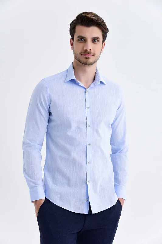 Instant Discount Slim Fit Long Sleeve Linen & Cotton Ice Blue Casual Shirt