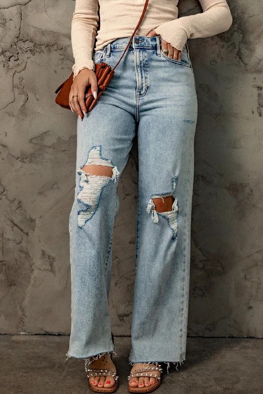 Weekend Offers That Please Sky Blue Distressed Frayed Hem Holed Straight Leg Loose Jeans