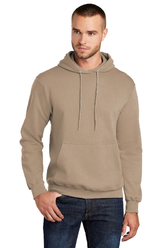 Discount Mania Port & Company Mens Core Pill Resistant Fleece Hooded Sweatshirt Hoodie w/ Pouch Pocket - Sand