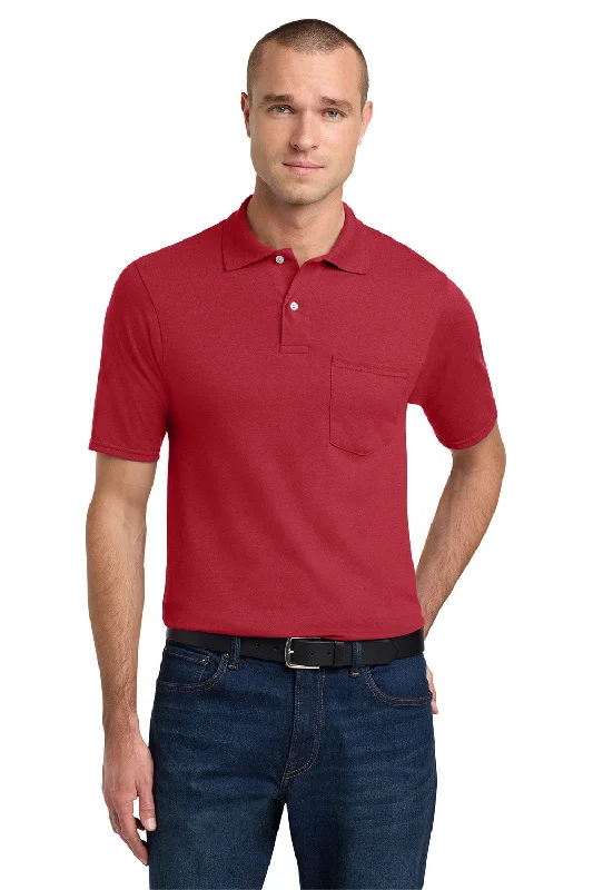 Now Available Jerzees Mens SpotShield Stain Resistant Short Sleeve Polo Shirt w/ Pocket - True Red