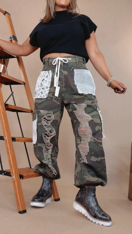 Stock Clearance POL: Distressed Camo Joggers w/ Patchwork Pockets