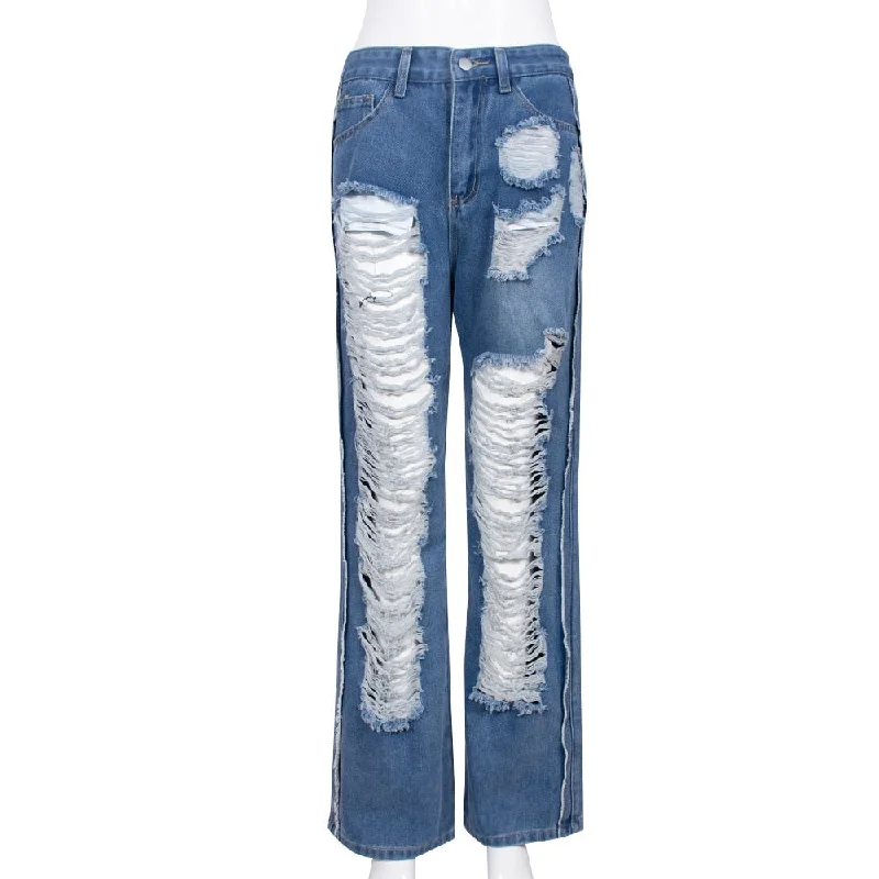 Early Access CityHottie - Women Fashion Ripped Hollow Out Wide Leg Full Length Jeans 2024 New Summer INS Street Denim Pants Trousers