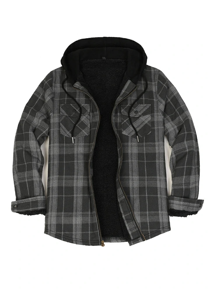 Midnight Sale Men's Sherpa Lined Full Zip Up Flannel Plaid Hooded Jacket